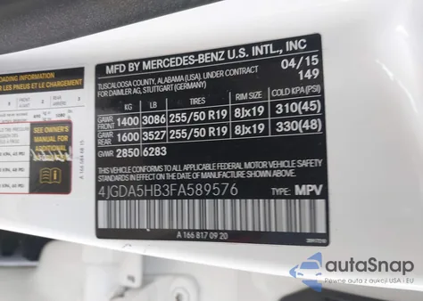 2015 Mercedes-Benz Ml 350 4Matic z USA, uszkodzony, nr VIN 4JGDA5HB3FA589576